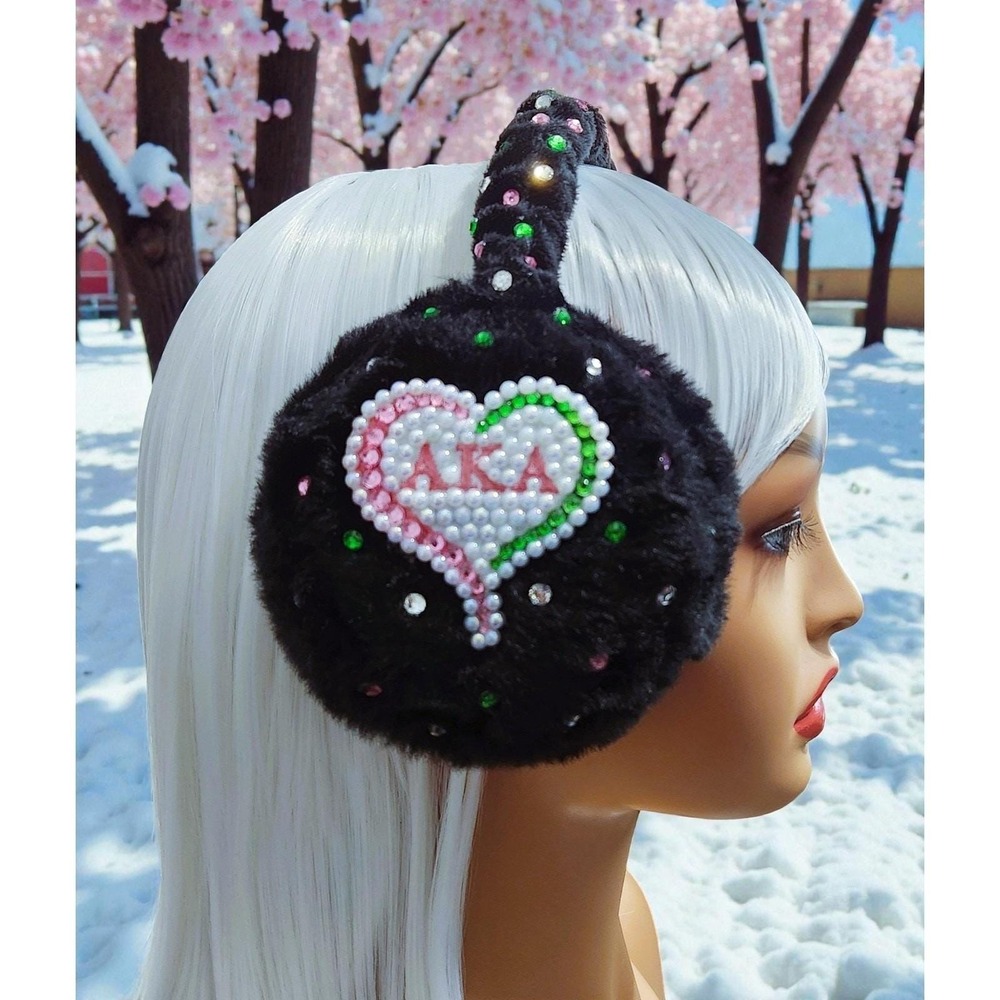 AKA Black Earmuffs design with pink,‎ green Logo, Pearls, rhinestone custom made